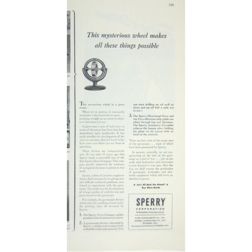 Vintage 1944 Sperry Gyro Compass Directional Gyro Print Ad WWII Era